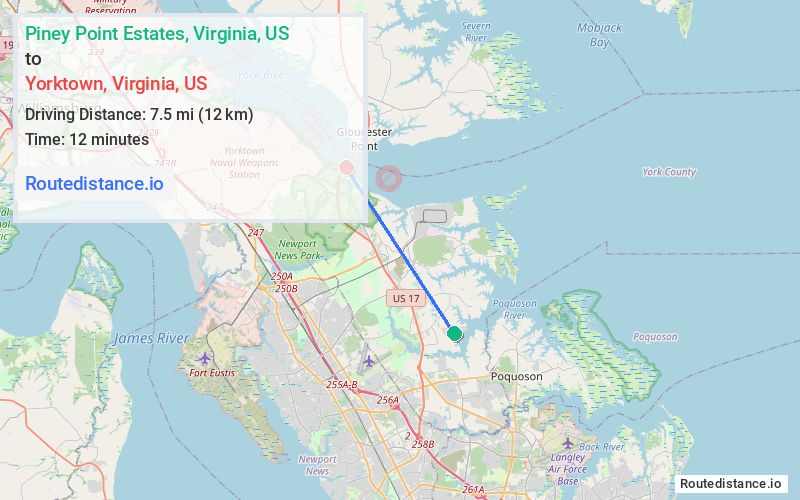 Route map from Piney Point Estates to Yorktown