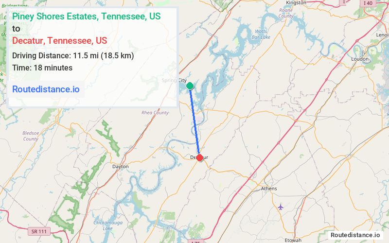 Route map from Piney Shores Estates to Decatur