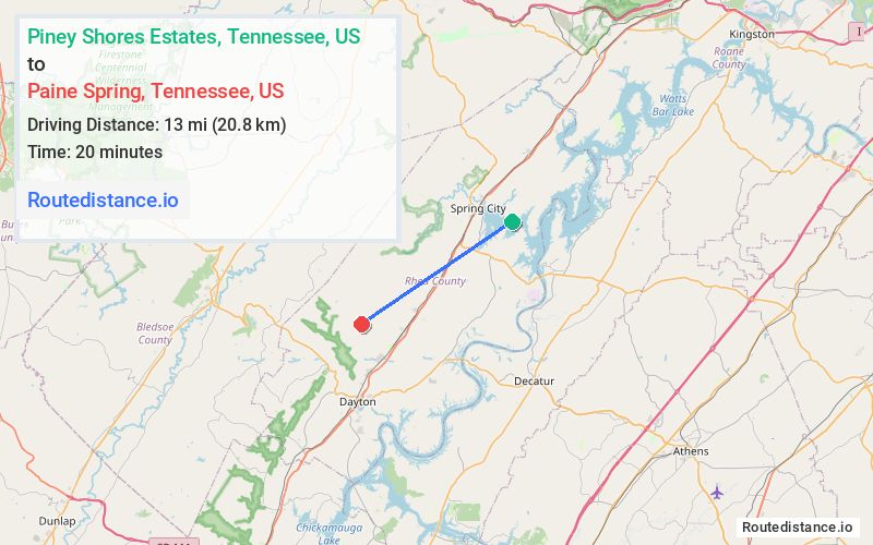 Route map from Piney Shores Estates to Paine Spring