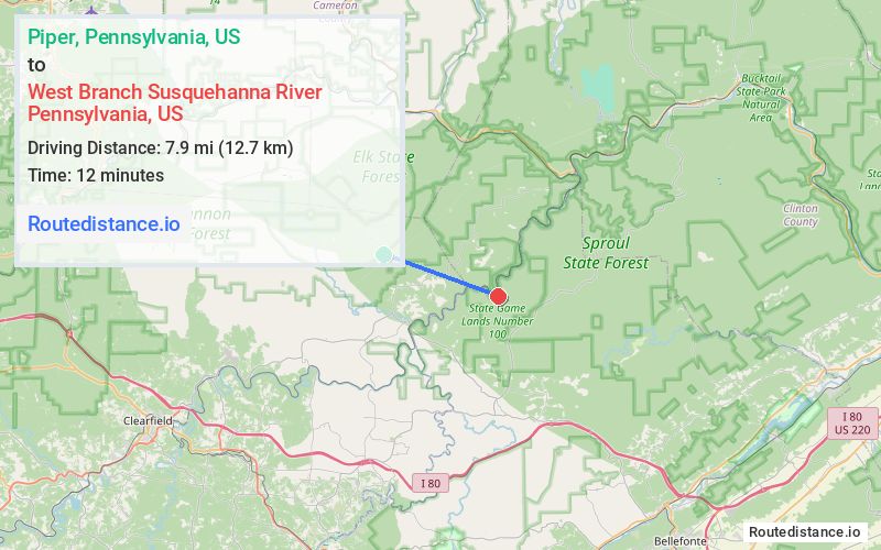 Route map from Piper to West Branch Susquehanna River