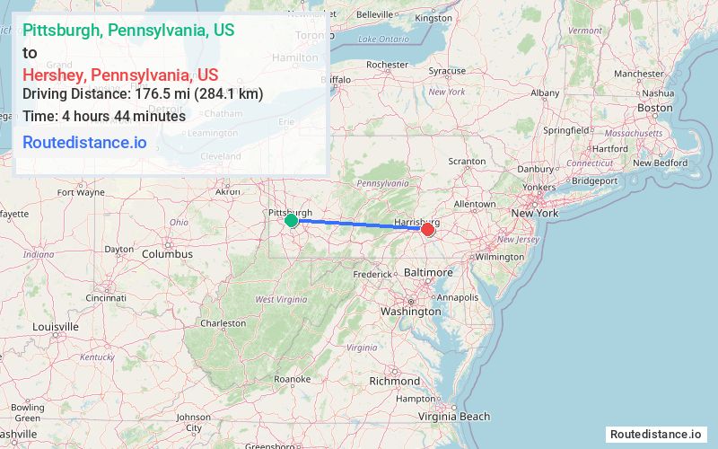 Route map from Pittsburgh to Hershey