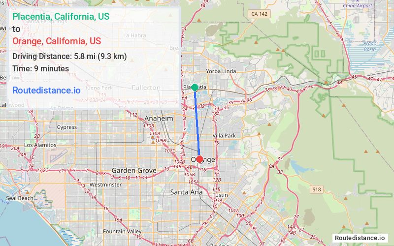 Route map from Placentia to Orange
