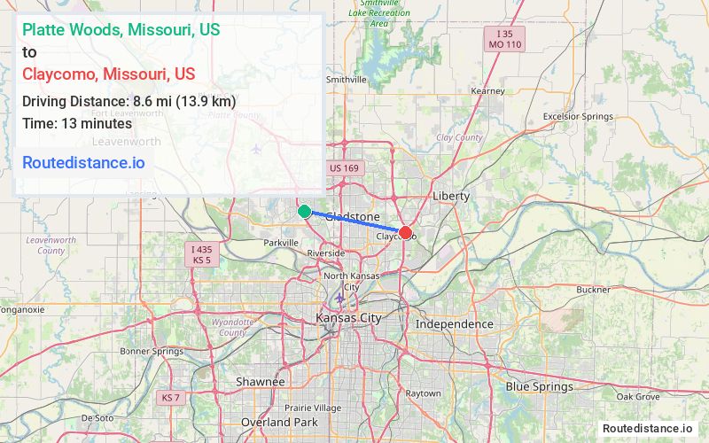Route map from Platte Woods to Claycomo