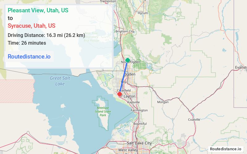 Route map from Pleasant View to Syracuse