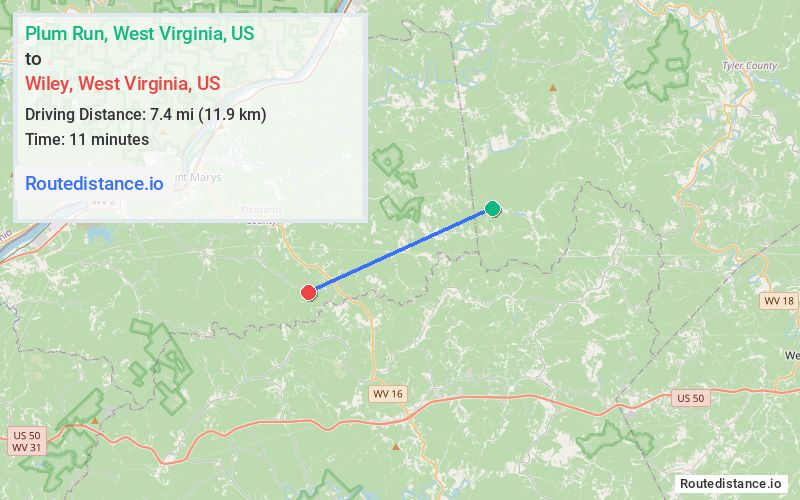 Route map from Plum Run to Wiley