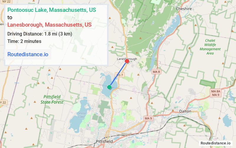 Route map from Pontoosuc Lake to Lanesborough