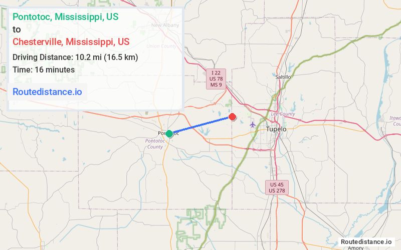 Distance from Pontotoc to Chesterville
