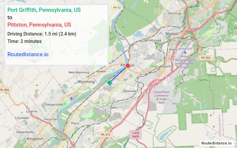 Route map from Port Griffith to Pittston