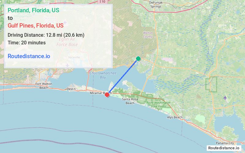 Route map from Portland to Gulf Pines