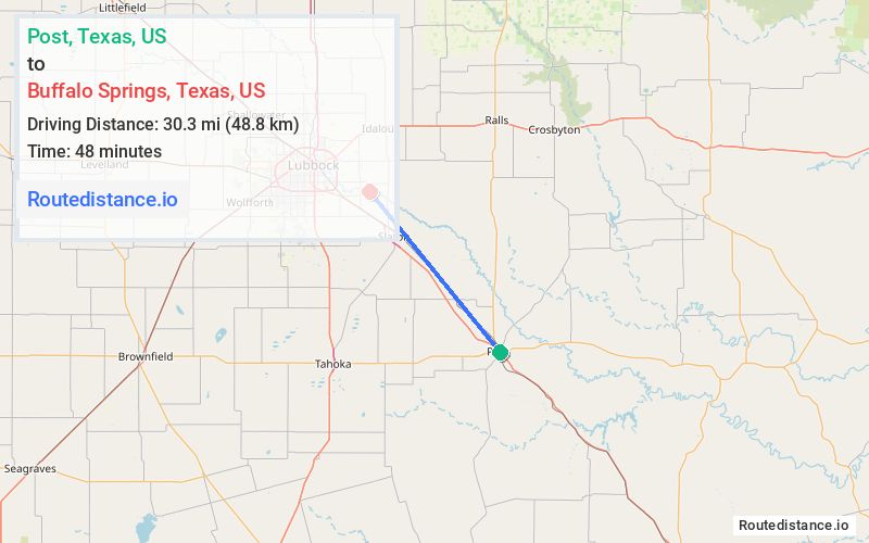 Route map from Post to Buffalo Springs