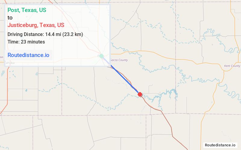 Route map from Post to Justiceburg