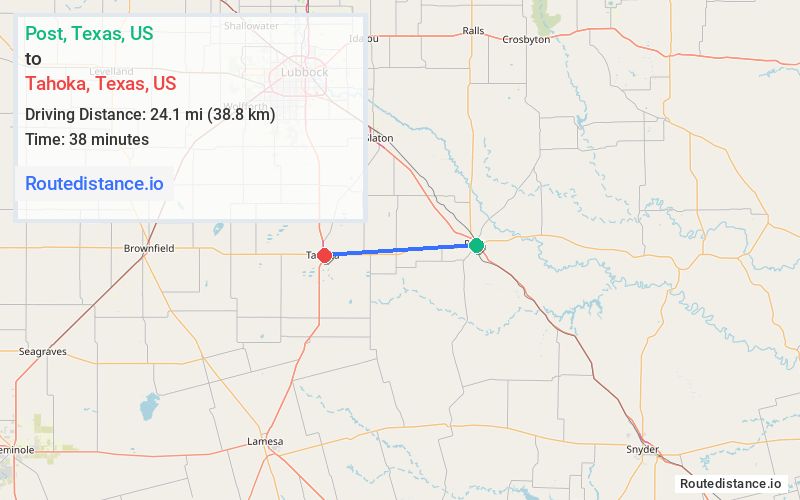 Route map from Post to Tahoka