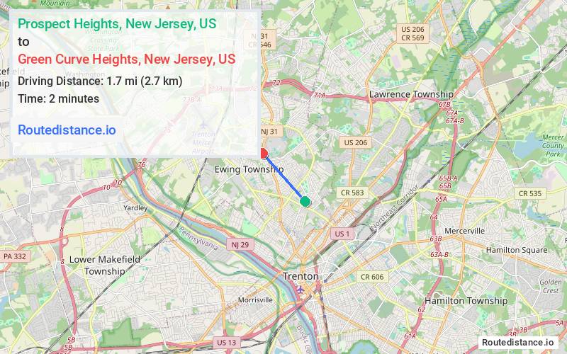 Route map from Prospect Heights to Green Curve Heights