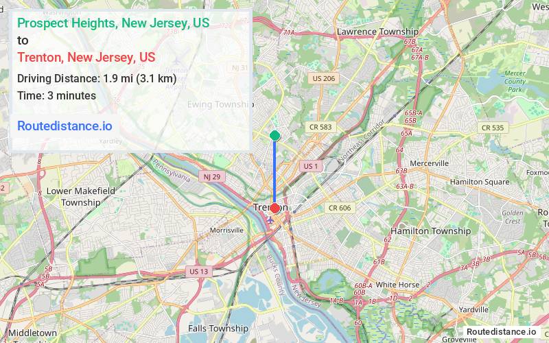 Route map from Prospect Heights to Trenton