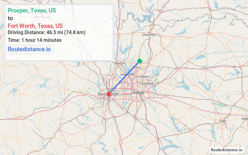 Route map from Prosper to Fort Worth