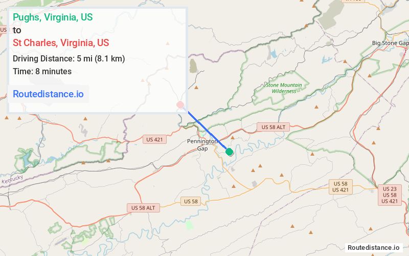 Route map from Pughs to St Charles