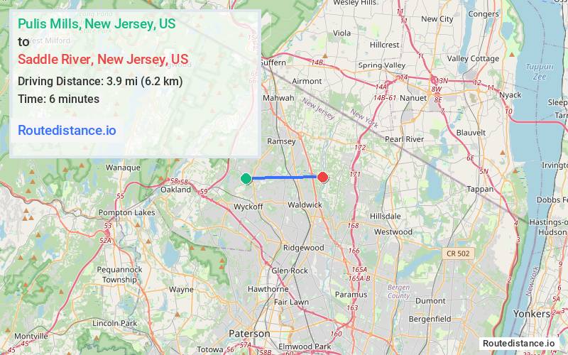 Route map from Pulis Mills to Saddle River