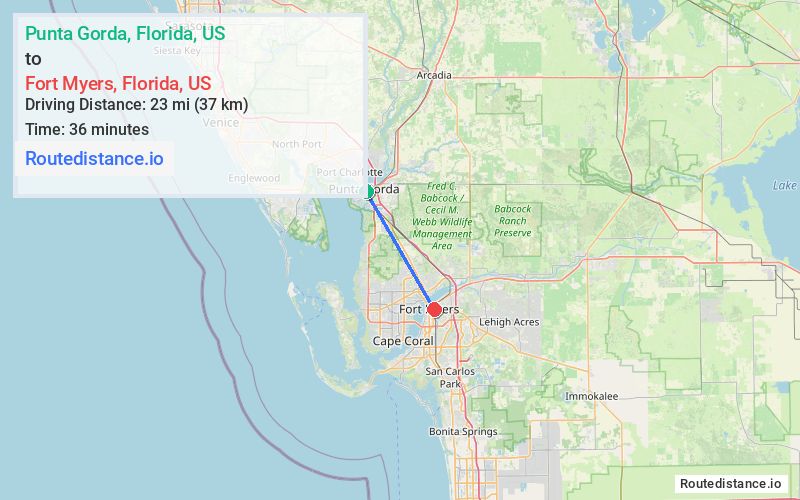Route map from Punta Gorda to Fort Myers