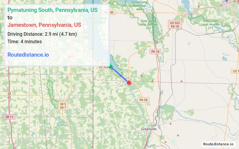 Route map from Pymatuning South to Jamestown