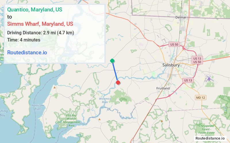 Route map from Quantico to Simms Wharf
