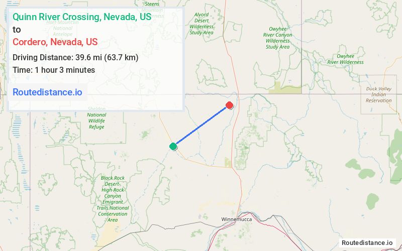 Route map from Quinn River Crossing to Cordero
