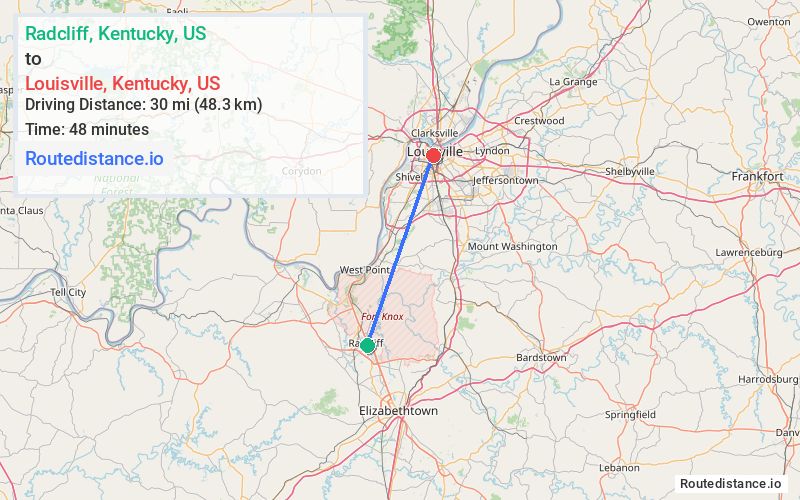 Route map from Radcliff to Louisville