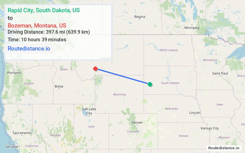 Route map from Rapid City to Bozeman