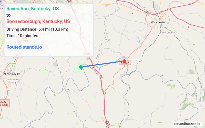 Route map from Raven Run to Boonesborough