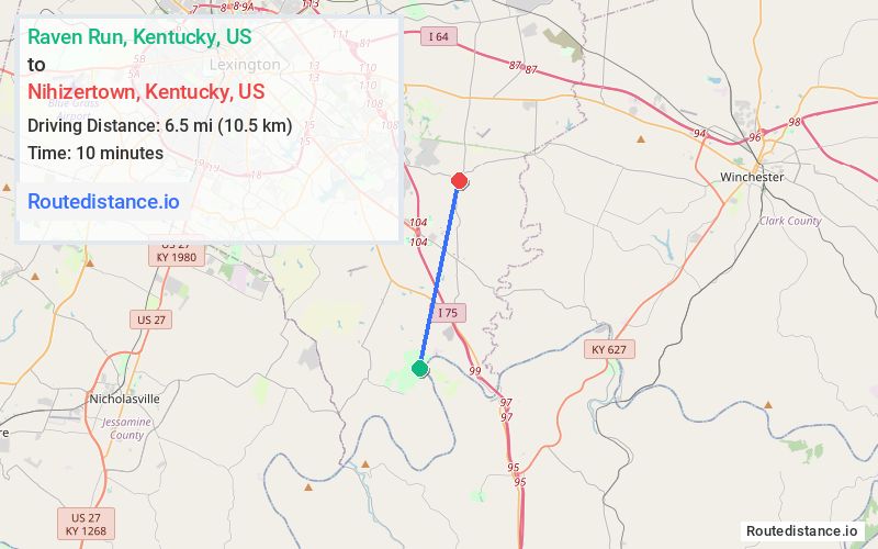 Route map from Raven Run to Nihizertown