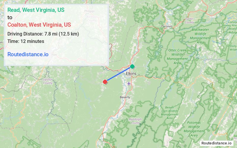Route map from Read to Coalton
