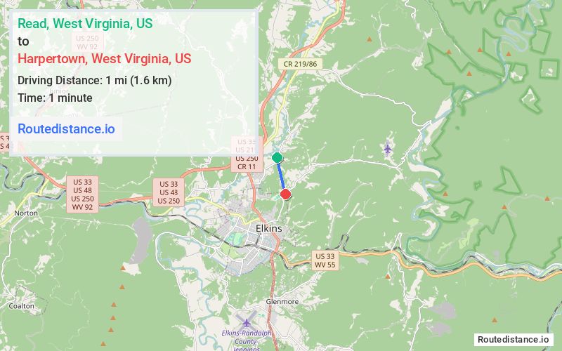 Route map from Read to Harpertown