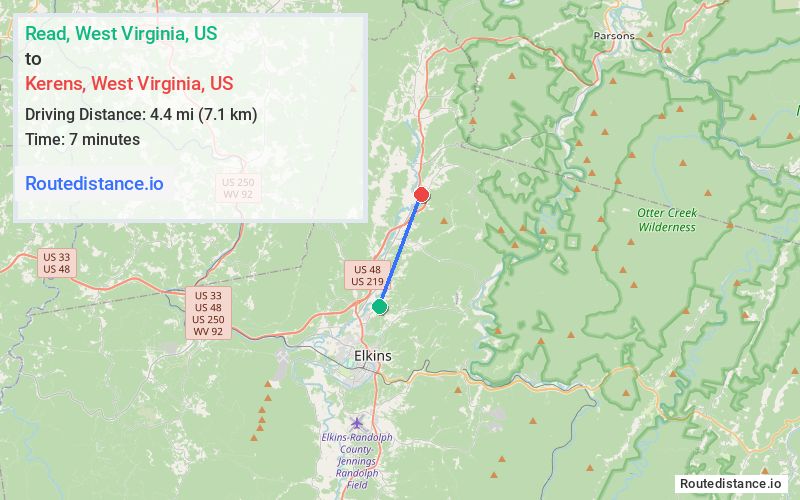 Route map from Read to Kerens