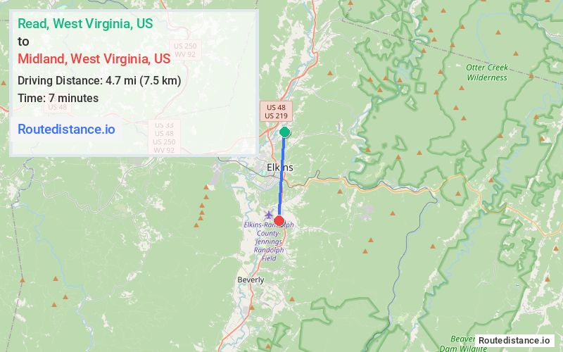 Route map from Read to Midland