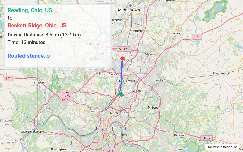 Route map from Reading to Beckett Ridge