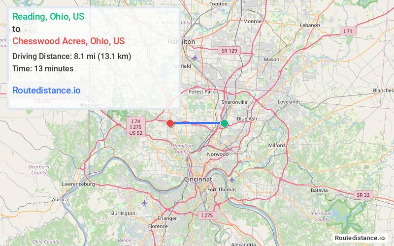 Route map from Reading to Chesswood Acres