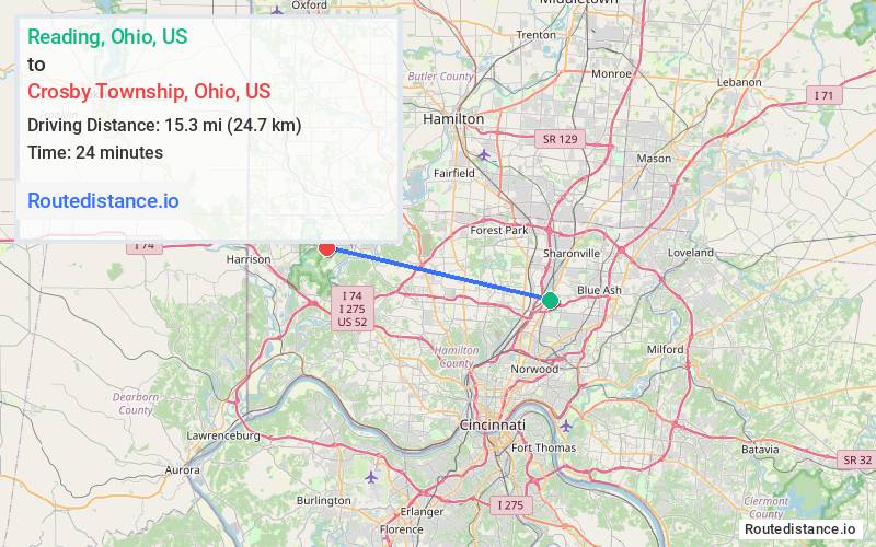 Route map from Reading to Crosby Township