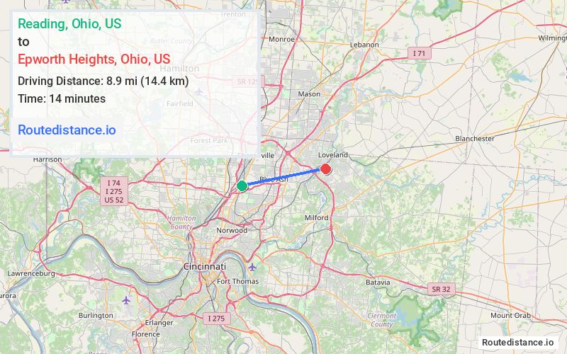 Route map from Reading to Epworth Heights