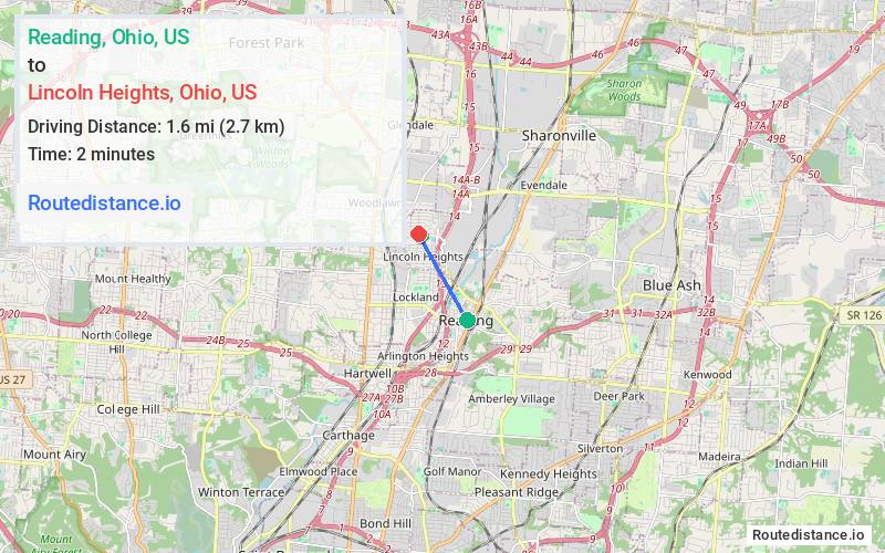 Route map from Reading to Lincoln Heights