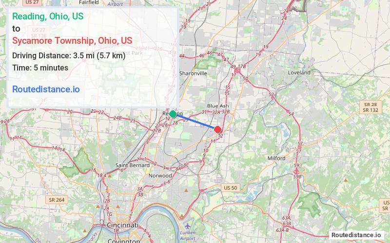 Route map from Reading to Sycamore Township