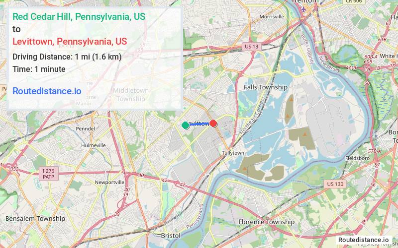 Route map from Red Cedar Hill to Levittown