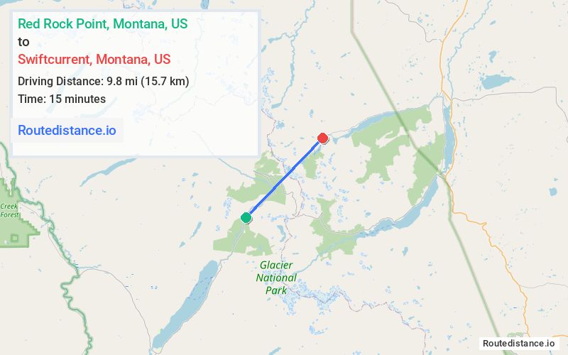Route map from Red Rock Point to Swiftcurrent
