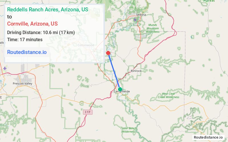 Route map from Reddells Ranch Acres to Cornville