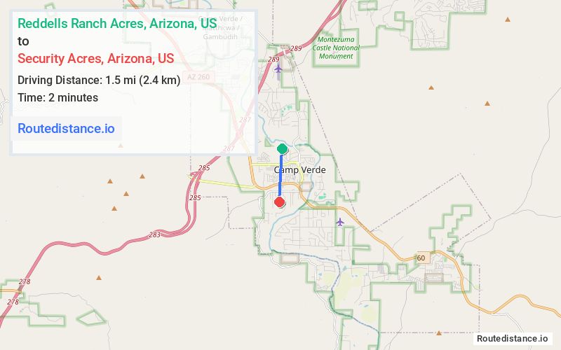 Route map from Reddells Ranch Acres to Security Acres