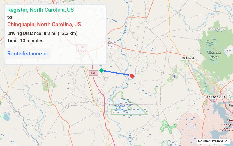 Route map from Register to Chinquapin