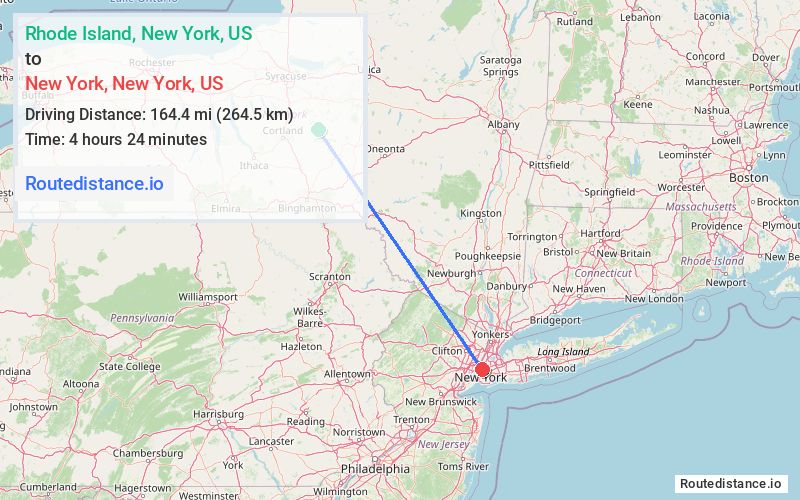 Route map from Rhode Island to New York
