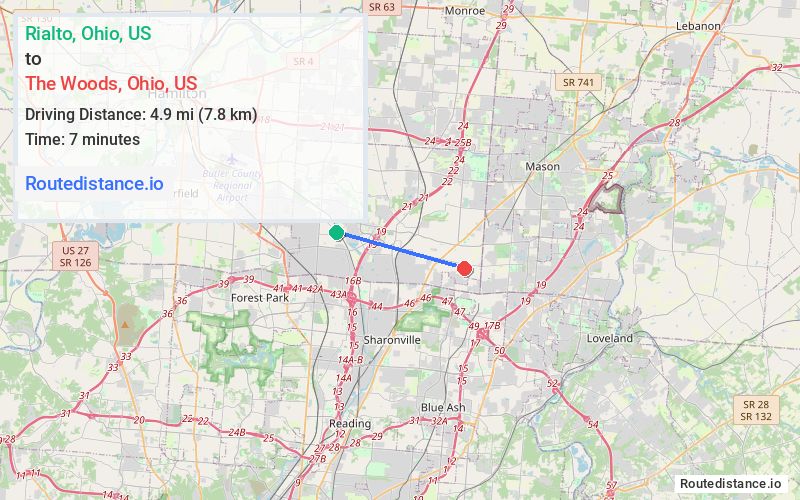 Route map from Rialto to The Woods