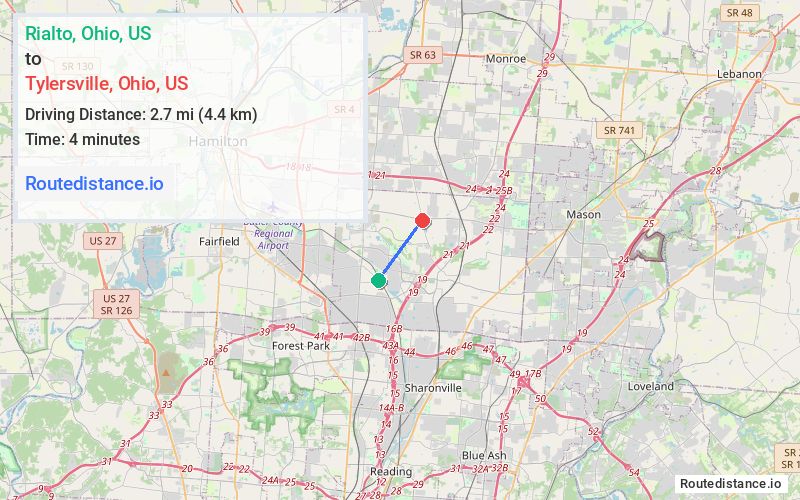 Route map from Rialto to Tylersville