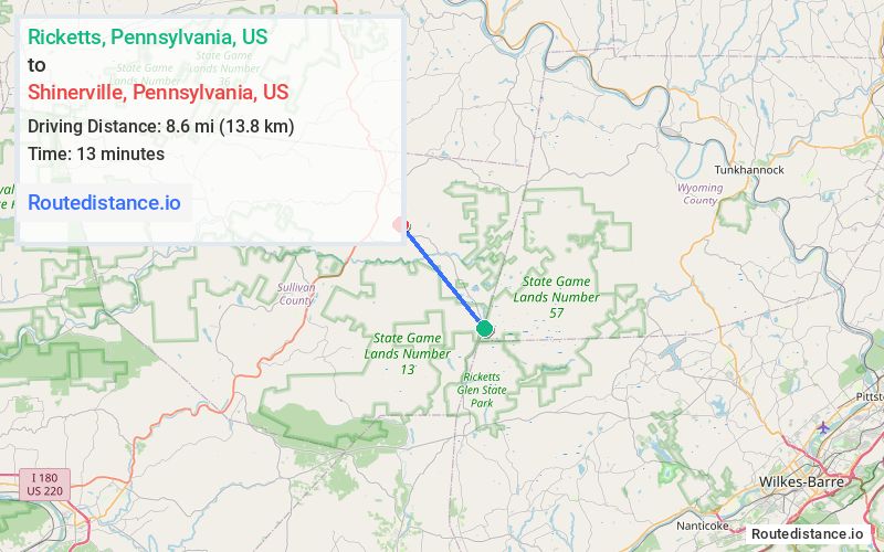 Route map from Ricketts to Shinerville