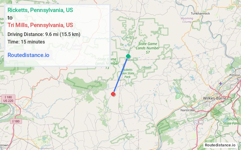 Route map from Ricketts to Tri Mills