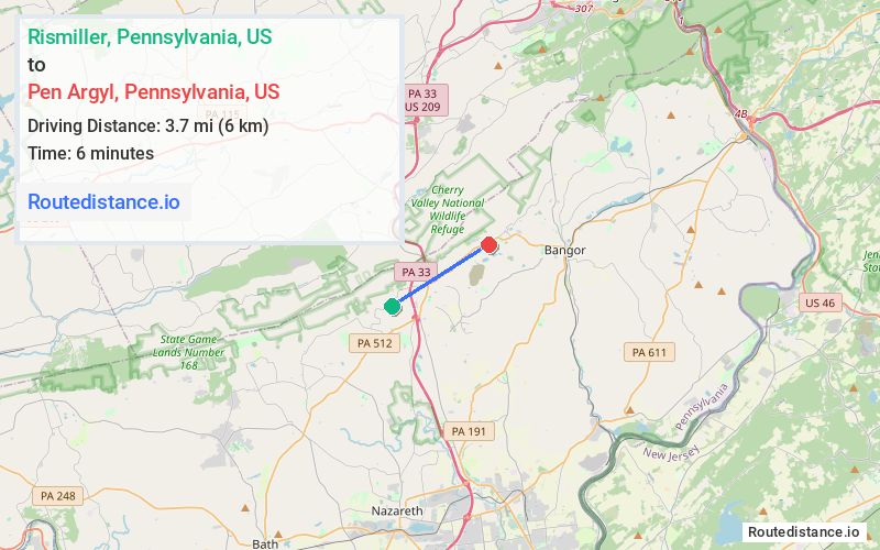 Route map from Rismiller to Pen Argyl